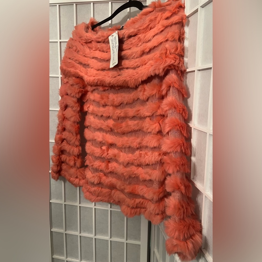 BCBG MAXAZRIA Rabbit Fur Off-Shoulder Top Coral Crystal Rose NWT - Picture 3 of 8